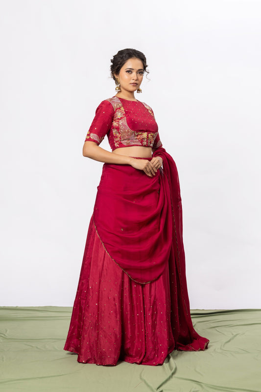 Sitarah Ruby Red Silk Draped Lehenga Set — Zardozi Pitta Panelled Blouse with Scalloped Organza Dupatta