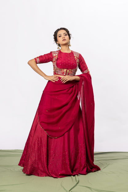Sitarah Ruby Red Silk Draped Lehenga Set — Zardozi Pitta Panelled Blouse with Scalloped Organza Dupatta