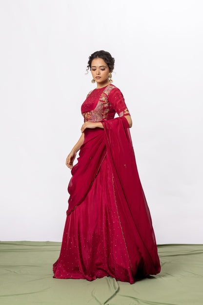 Sitarah Ruby Red Silk Draped Lehenga Set — Zardozi Pitta Panelled Blouse with Scalloped Organza Dupatta