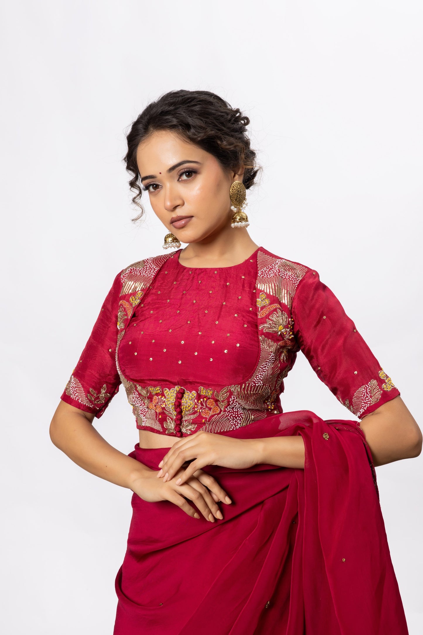 Sitarah Ruby Red Silk Draped Lehenga Set — Zardozi Pitta Panelled Blouse with Scalloped Organza Dupatta