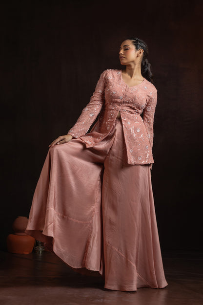 Dusty Rose Crepe Palazzo Set — Heavy Hand-Embroidered Short Kurti