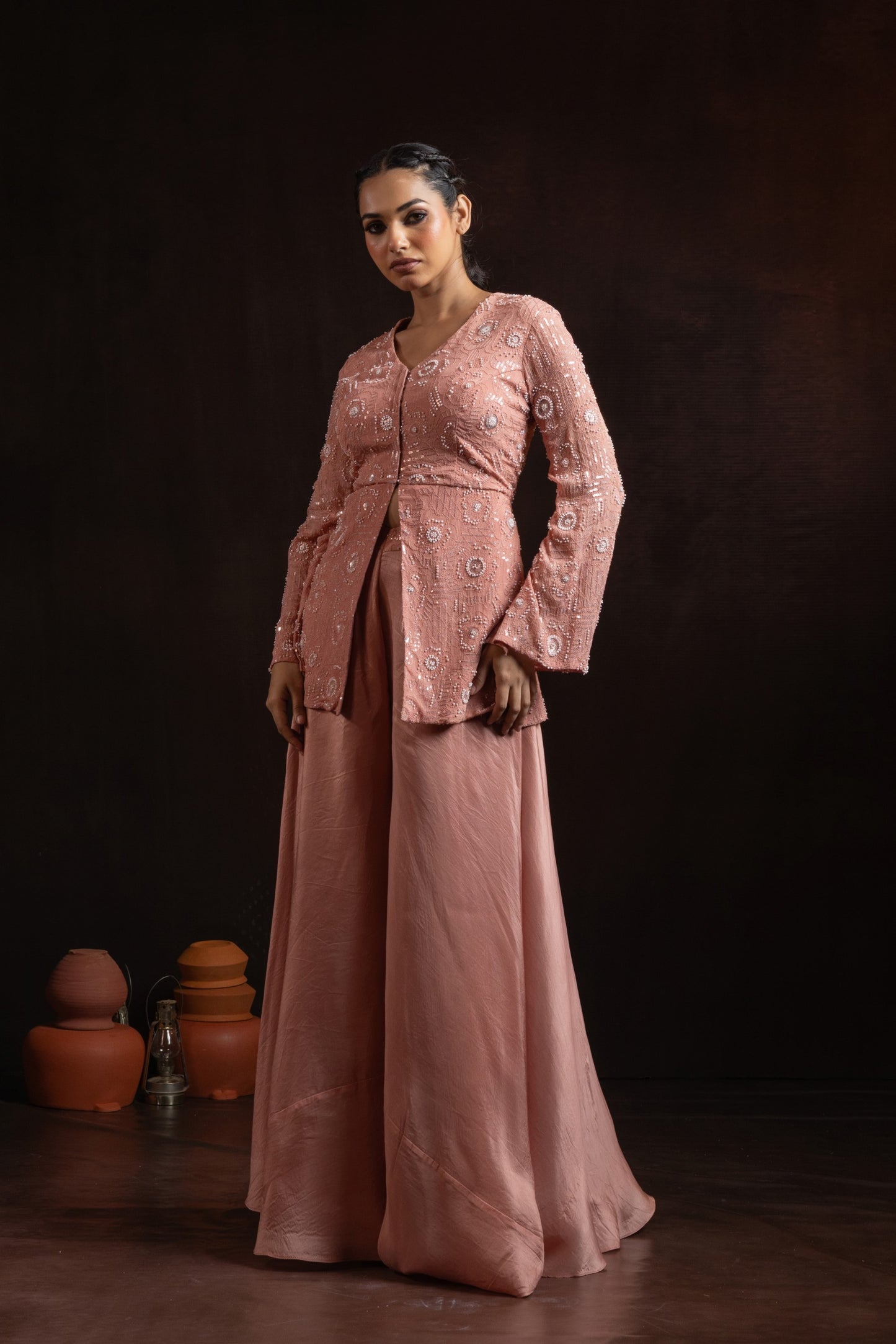 Dusty Rose Crepe Palazzo Set — Heavy Hand-Embroidered Short Kurti