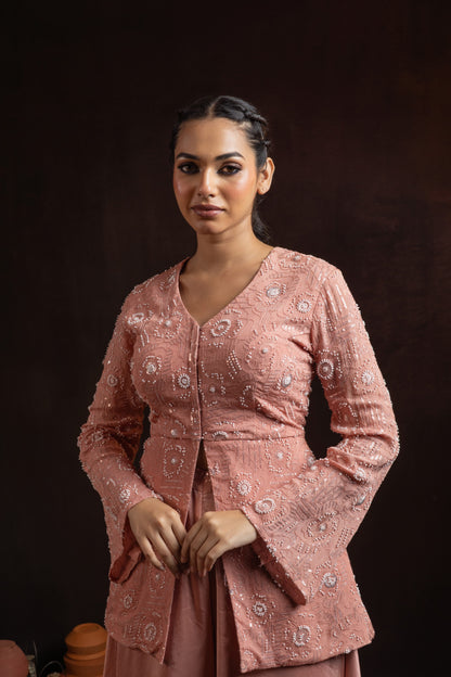 Dusty Rose Crepe Palazzo Set — Heavy Hand-Embroidered Short Kurti