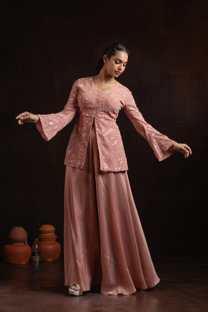 Dusty Rose Crepe Palazzo Set — Heavy Hand-Embroidered Short Kurti