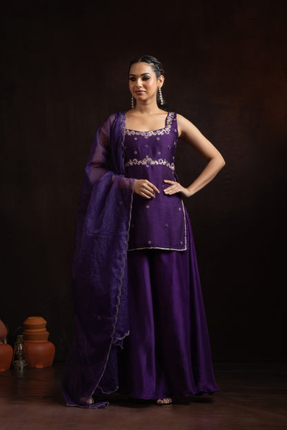 Royal Purple Raw Silk Palazzo Set — 3D Floral Handwork Kurti with Organza Dupatta