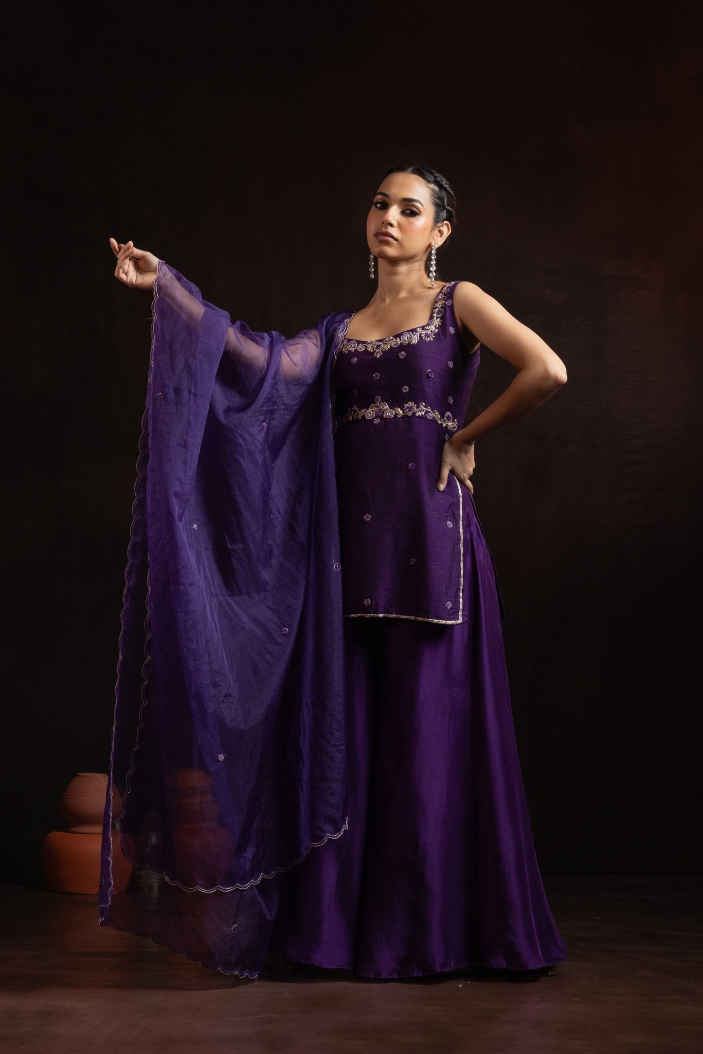 Royal Purple Raw Silk Palazzo Set — 3D Floral Handwork Kurti with Organza Dupatta