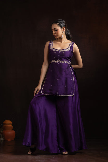 Royal Purple Raw Silk Palazzo Set — 3D Floral Handwork Kurti with Organza Dupatta