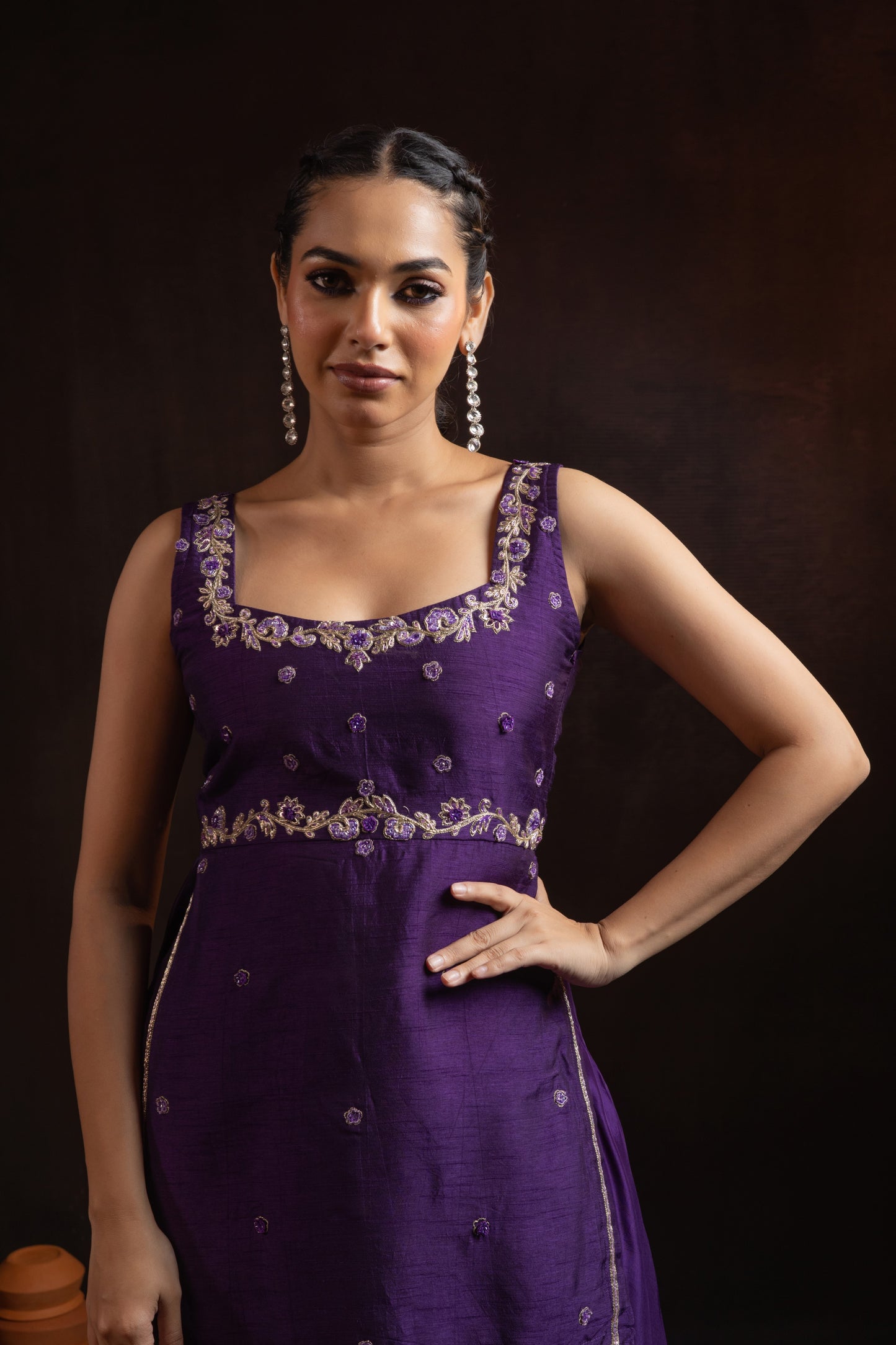 Royal Purple Raw Silk Palazzo Set — 3D Floral Handwork Kurti with Organza Dupatta