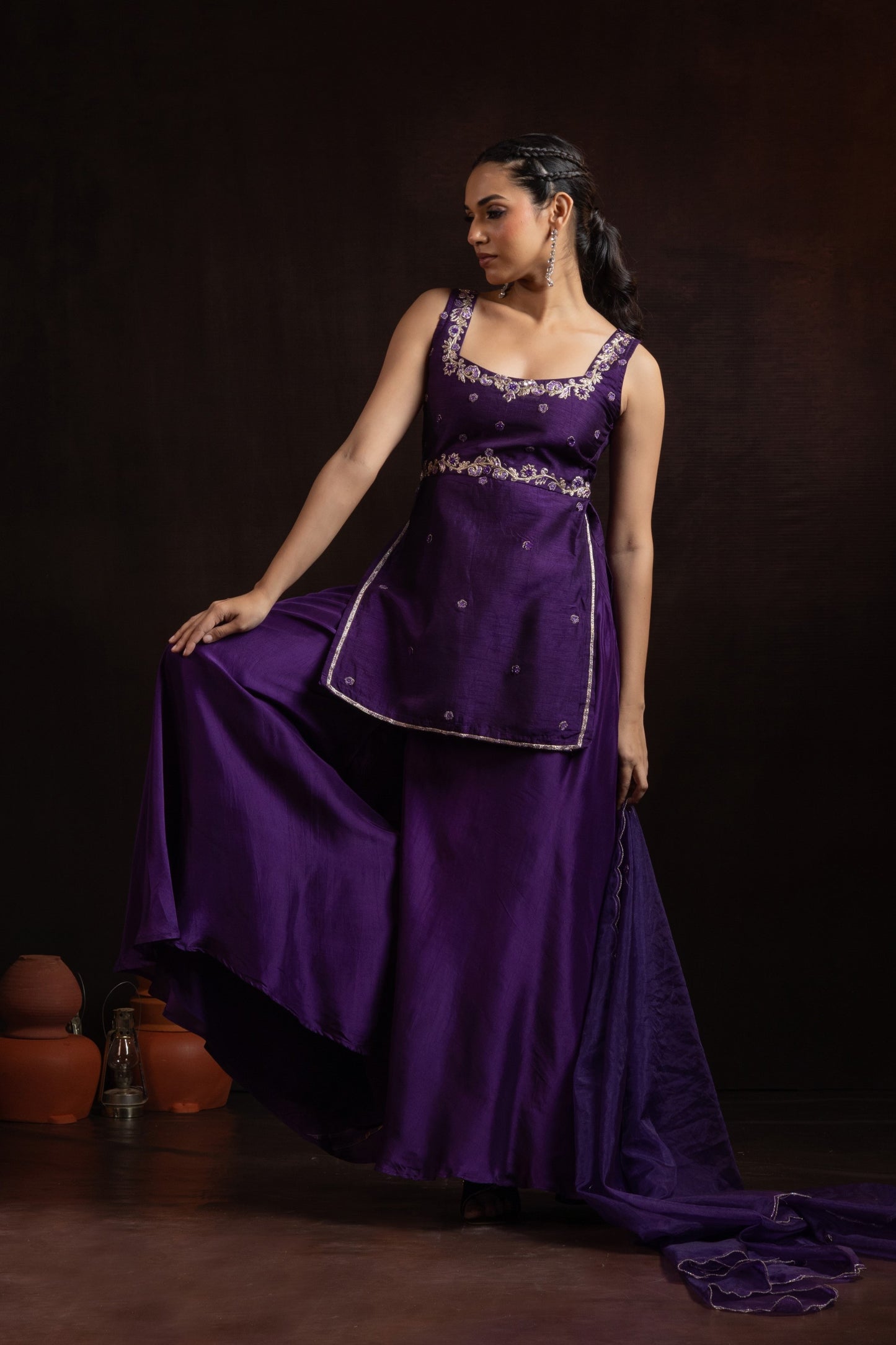 Royal Purple Raw Silk Palazzo Set — 3D Floral Handwork Kurti with Organza Dupatta