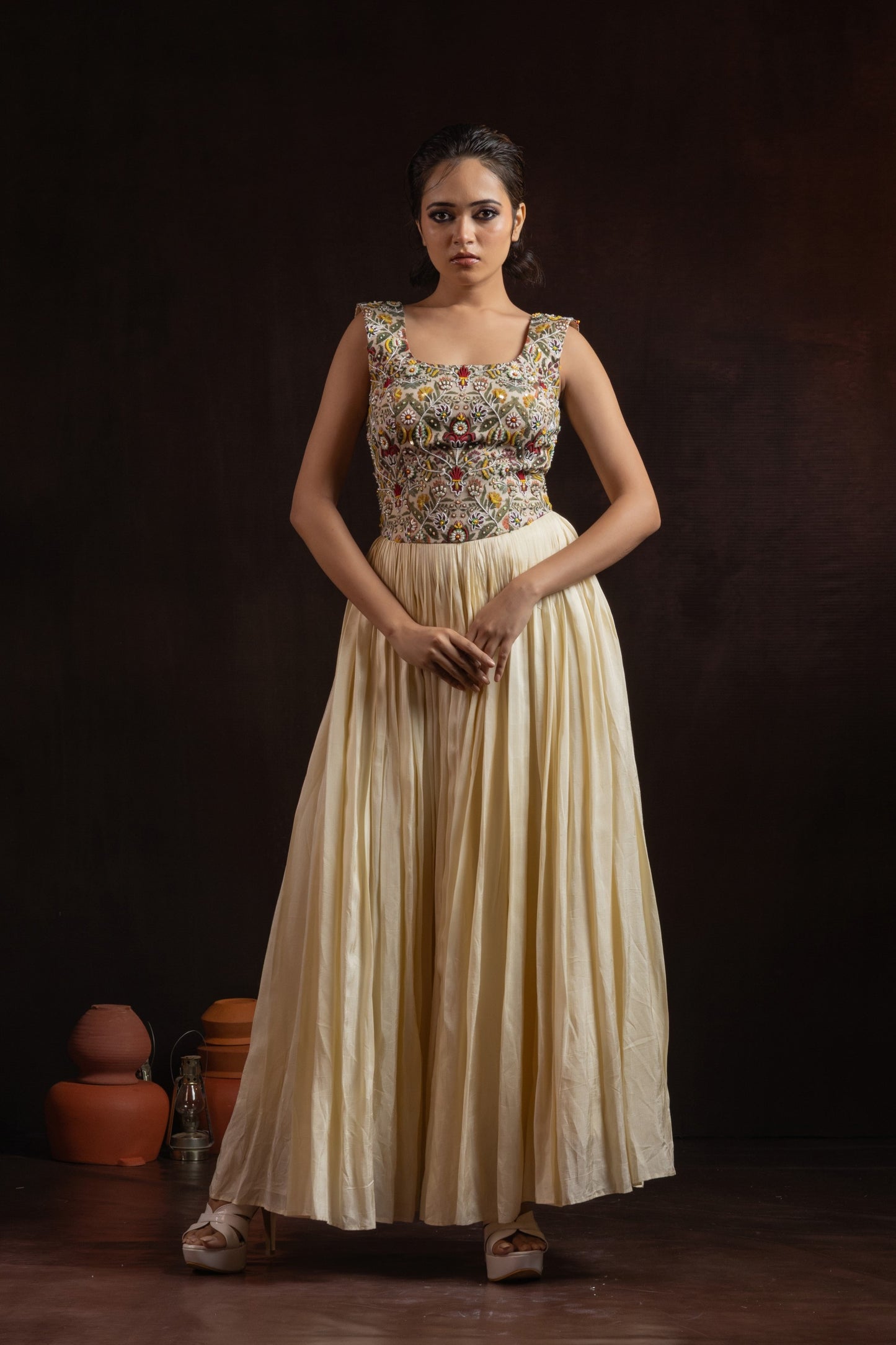 Cream Silk Gown — Printed Yoke with Hand Embroidery