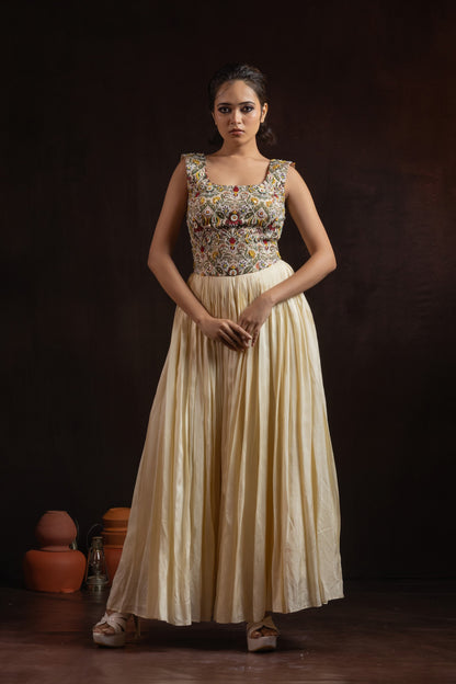 Cream Silk Gown — Printed Yoke with Hand Embroidery