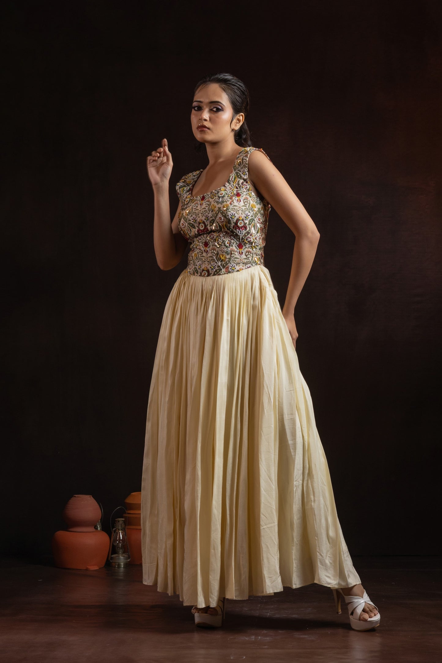 Cream Silk Gown — Printed Yoke with Hand Embroidery
