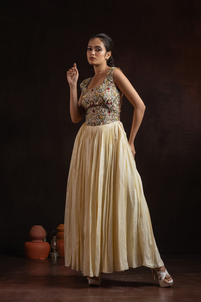 Cream Silk Gown — Printed Yoke with Hand Embroidery