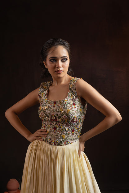 Cream Silk Gown — Printed Yoke with Hand Embroidery
