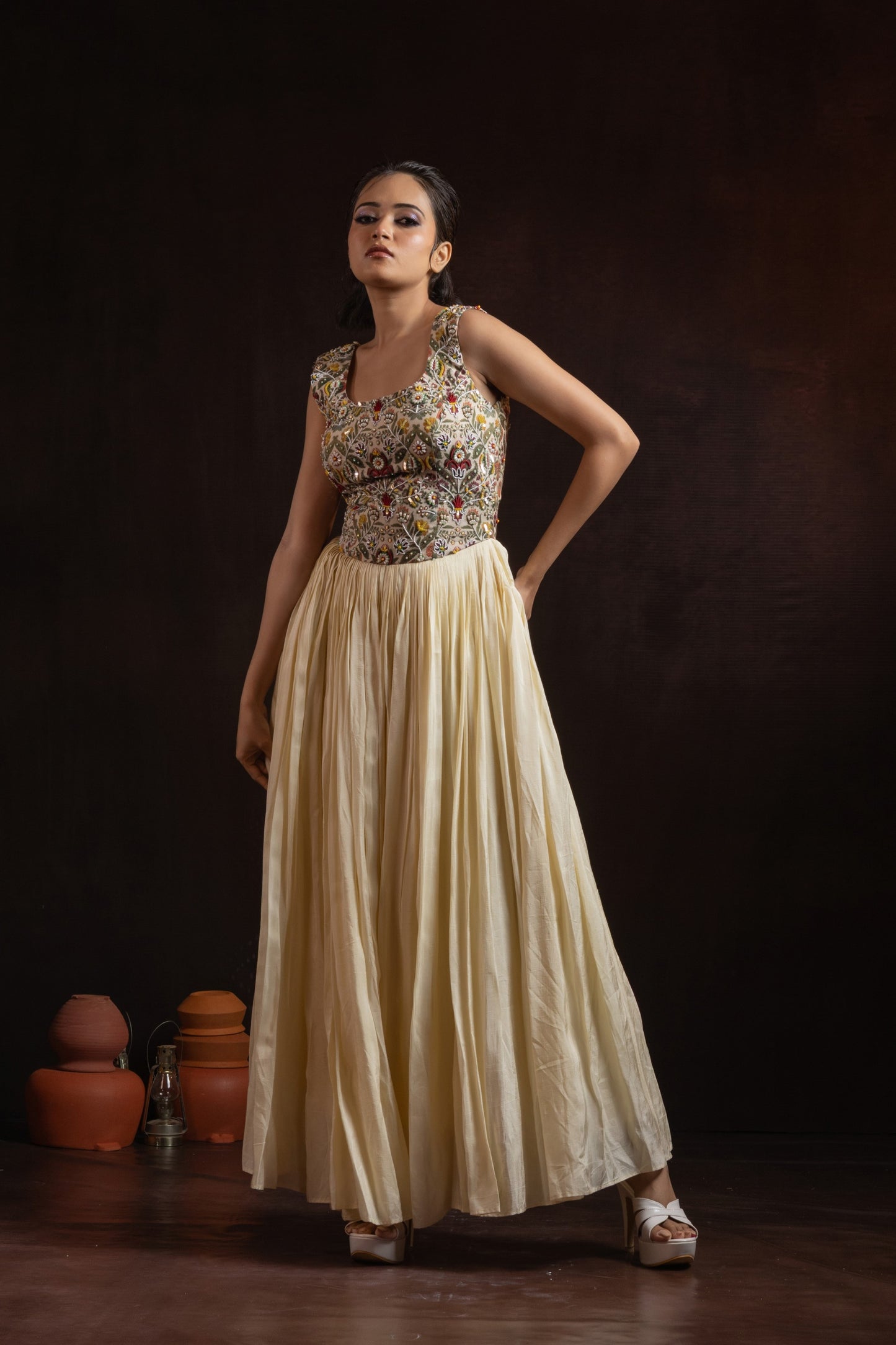 Cream Silk Gown — Printed Yoke with Hand Embroidery