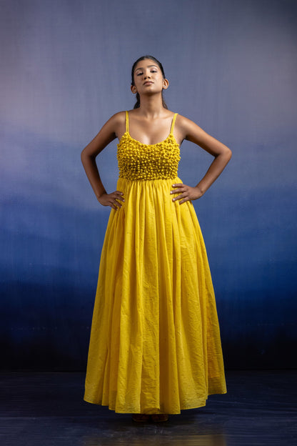 Aheli Sleeveless Ankle-Length Gown — Handcrafted Button-Manipulated Chanderi Silk in Sunshine Yellow
