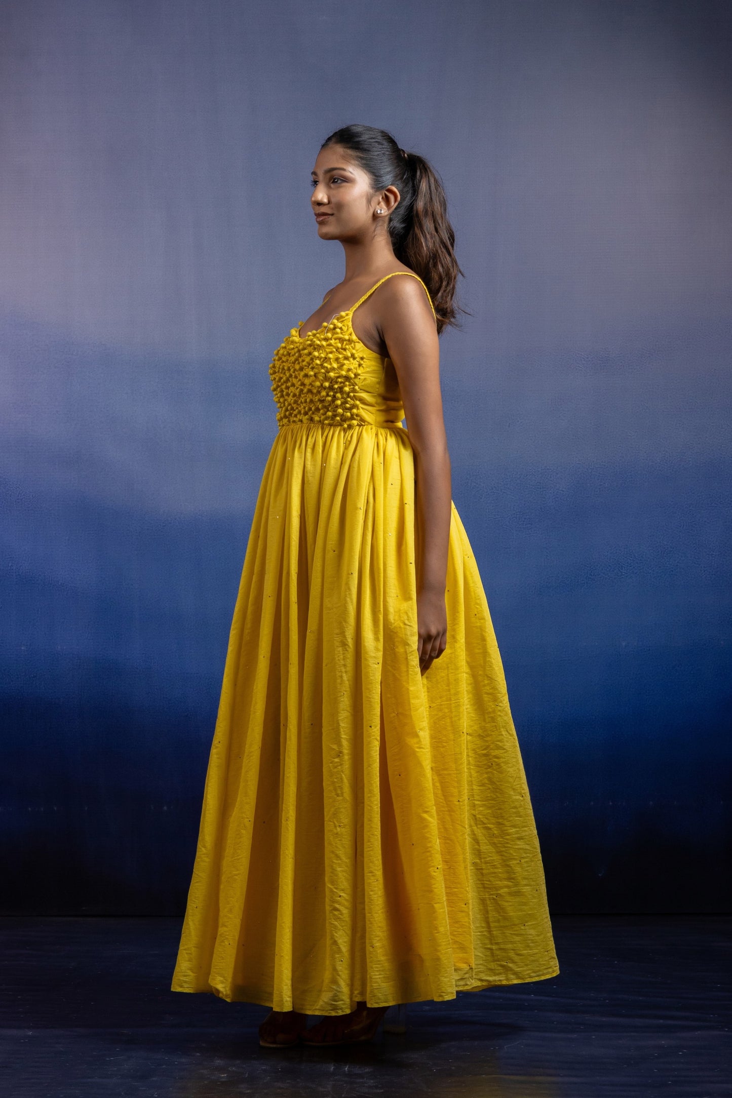 Aheli Sleeveless Ankle-Length Gown — Handcrafted Button-Manipulated Chanderi Silk in Sunshine Yellow