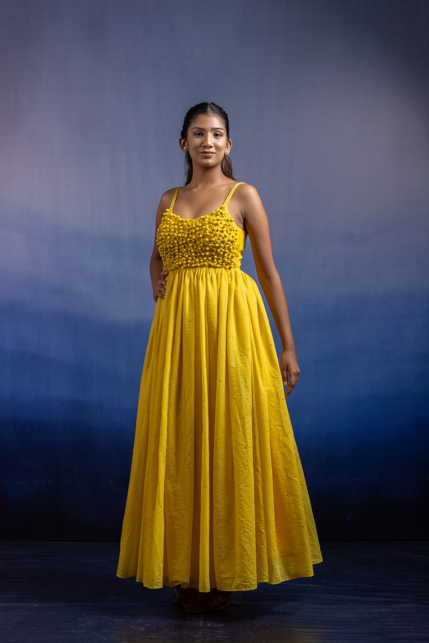 Aheli Sleeveless Ankle-Length Gown — Handcrafted Button-Manipulated Chanderi Silk in Sunshine Yellow