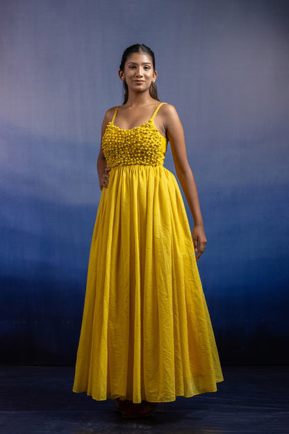 Aheli Sleeveless Ankle-Length Gown — Handcrafted Button-Manipulated Chanderi Silk in Sunshine Yellow