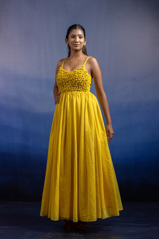 Aheli Sleeveless Ankle-Length Gown — Handcrafted Button-Manipulated Chanderi Silk in Sunshine Yellow