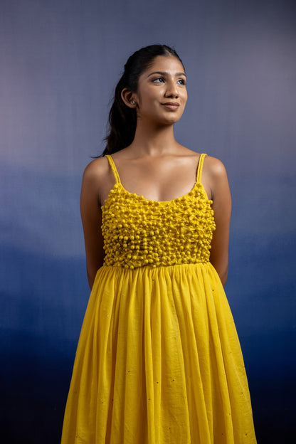 Aheli Sleeveless Ankle-Length Gown — Handcrafted Button-Manipulated Chanderi Silk in Sunshine Yellow